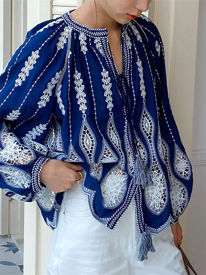 Women's Holiday Style Contrast Color Embroidered Long-sleeved Shirt