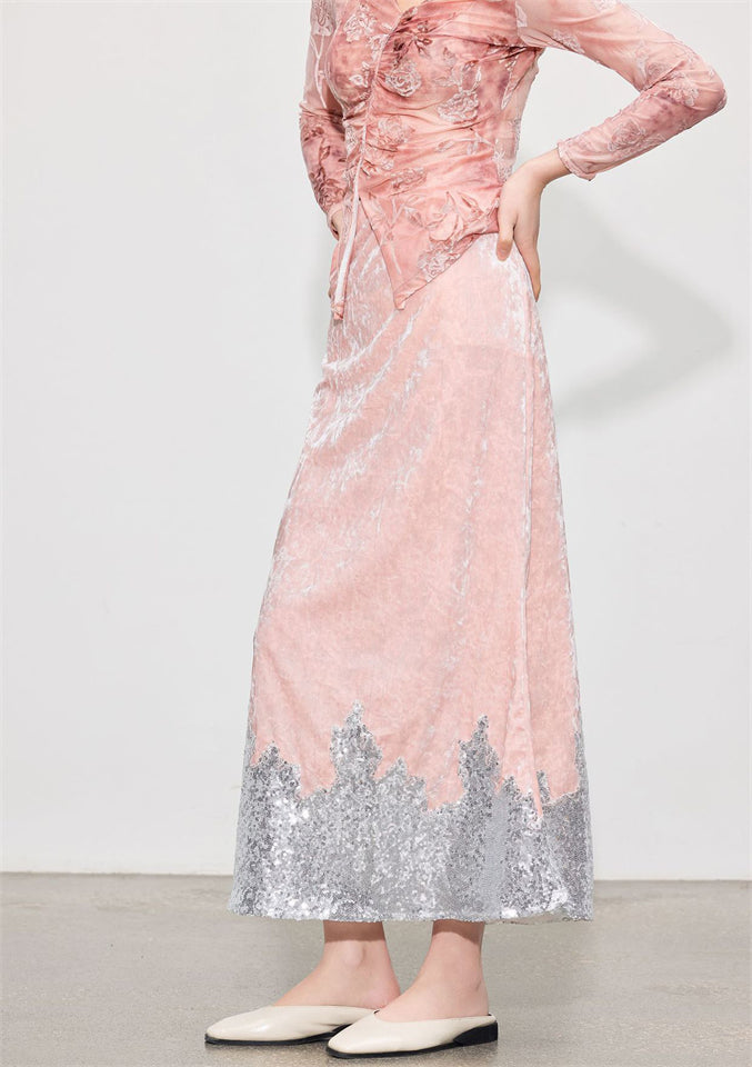 Women Pink Velvet Sequin Long A-Line Skirt
