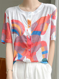 Summer Casual Print Round Neck Button Up T-Shirts for Women