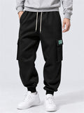 Men Fleeced Drawstring Elastic Waist Loose Fit Cargo Joggers Sweatpants