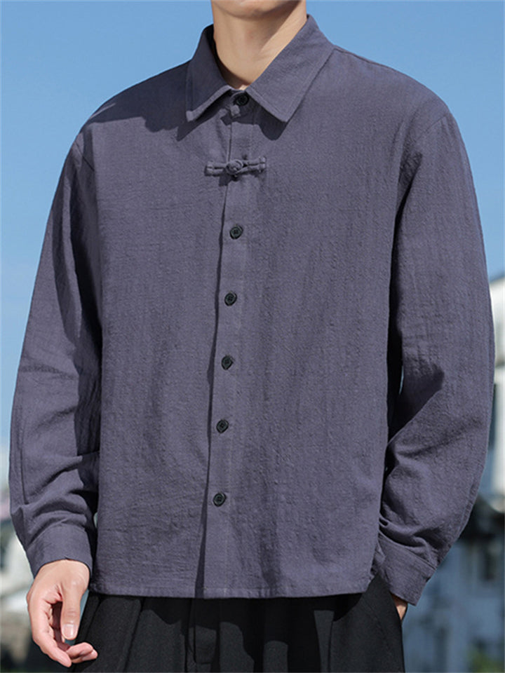 Chinese Style Solid Color Lapel Long Sleeve Shirts for Men
