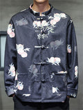 Men's Autumn Peaches Print Stand Collar Tangsuit Cardigan Jackets