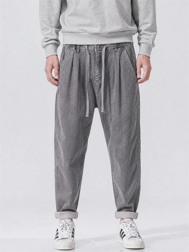 Men Japanese Style Drawstring Loose Fit Corduroy Pants