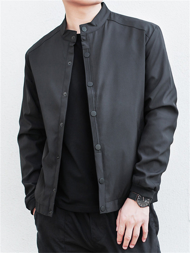 Men's Solid Color Stand Collar Waist Length Long Sleeve Jackets