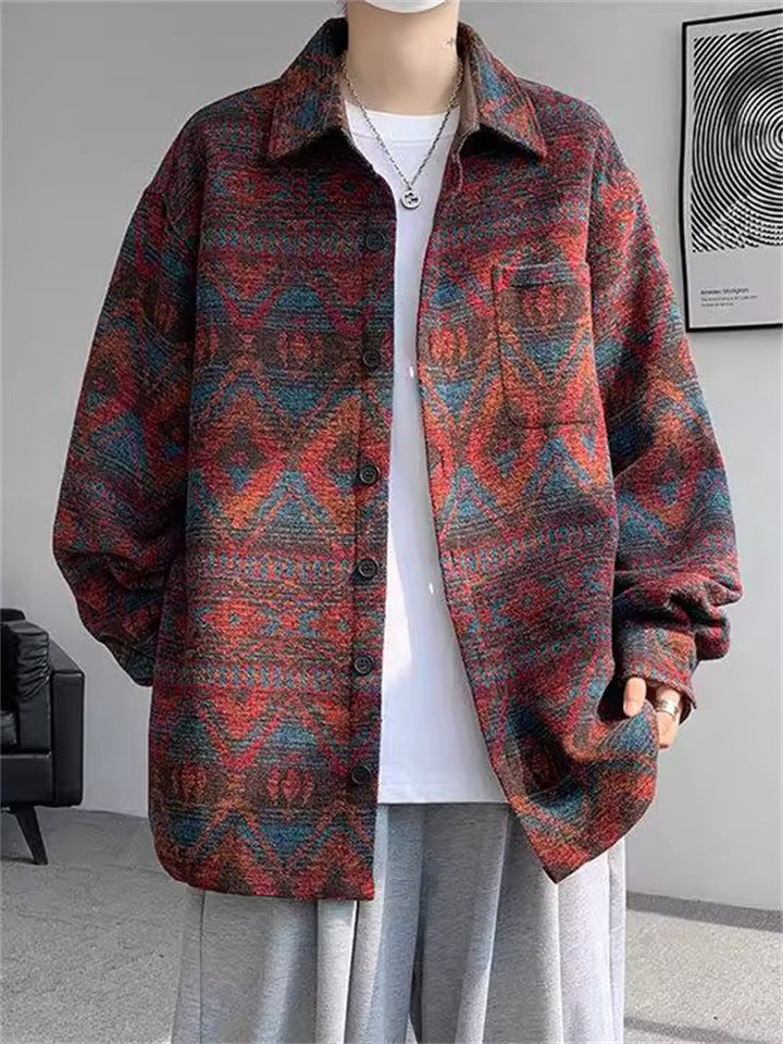 Plus Size Loose Long Sleeve Geometry Print Jackets for Men