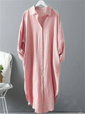Women's Casual Solid Color 3/4 Sleeve Button Up Lapel Long Shirts