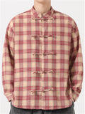 Chinese Style Cotton Plaid Stand Collar Long Sleeve Shirts for Men
