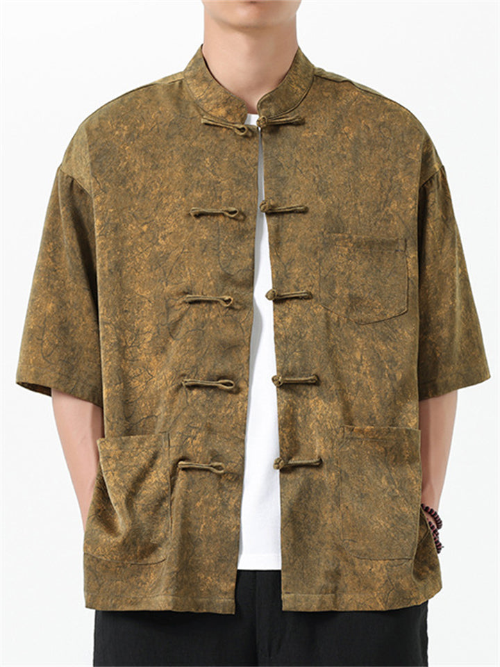 Men's Texture Print Stand Collar Half Sleeve Tang Suit Shirts