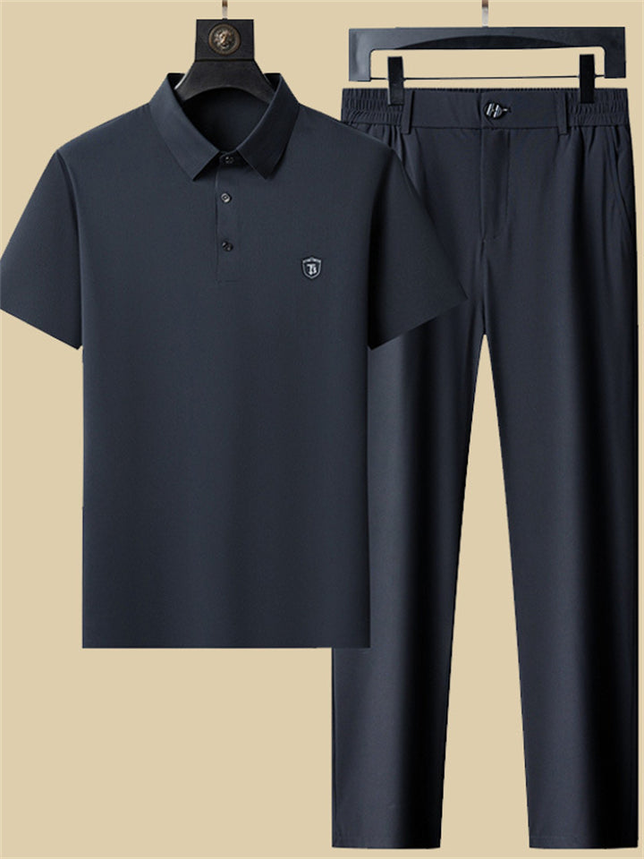 Men's 2Pcs Summer Cool Polo Collar Seamless Solid Color Outfits