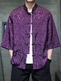 Men's Summer Cool Roses Jacquard Frog Button 3/4 Sleeve Tangsuit Shirts