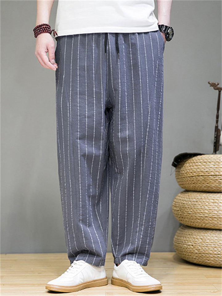 Men's Casual Drawstring Striped Cotton Linen Pants
