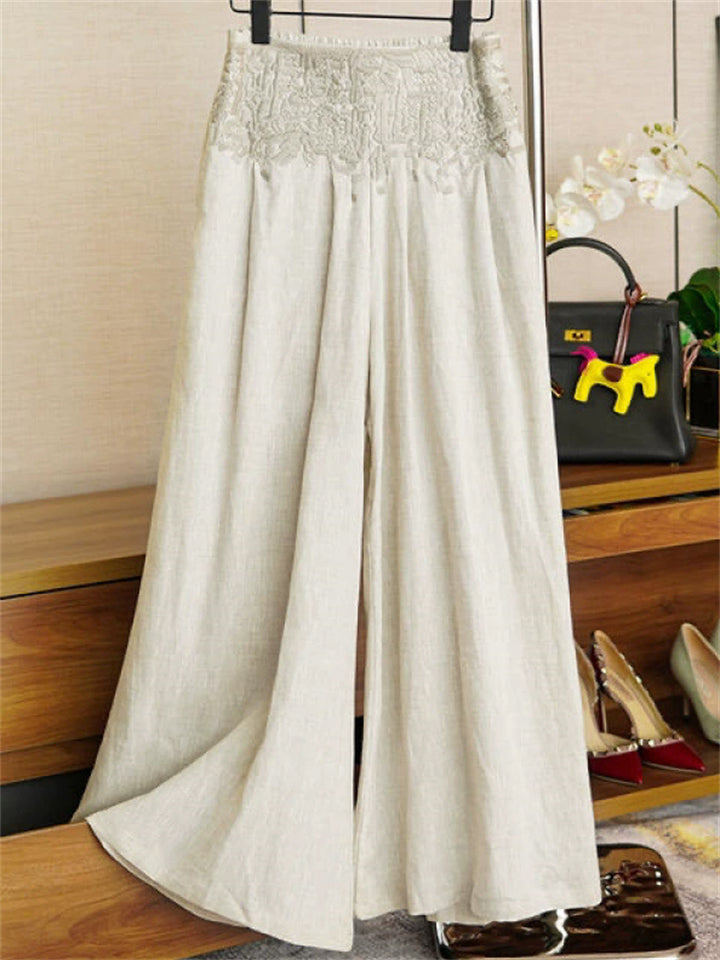 Women's Ethnic Style Embroidery Solid Color Elastic Waist Wide Leg Pants