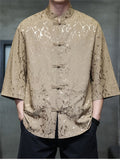 Men's Summer Cool Roses Jacquard Frog Button 3/4 Sleeve Tangsuit Shirts