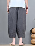 Men Striped Cotton Linen Baggy Wide Leg Cropped Harem Pants