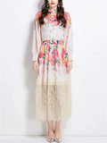 Women Two-piece Lantern Sleeve Shirt and Elastic High Waist Lace Skirt