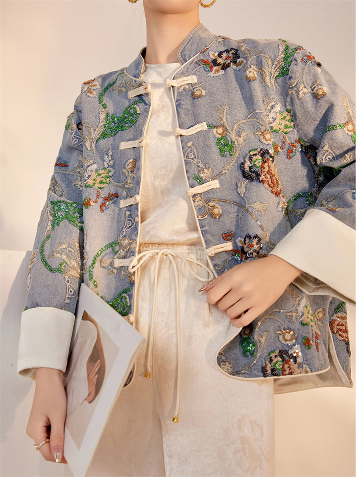 Women Cotton Sequined Embroidered Flower Denim Design Jacket