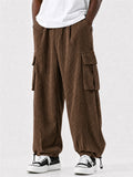 Mens Corduroy Cargo Pants with Multi Pockets and Drawstring Hem