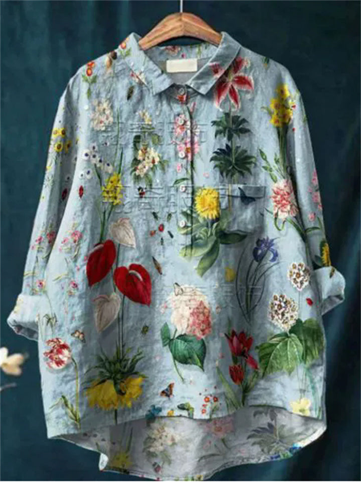 Women's Casual Retro Printed Long Sleeve Lapel Shirts