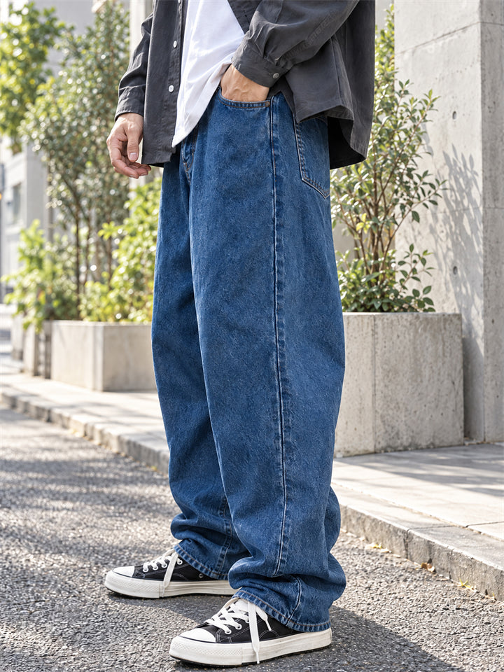 Men Japanese Style Baggy Jeans Wide Leg Loose Fit Drawstring Denim Pants