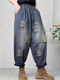 Elastic Waist Wide Leg Ripped Cropped Jeans for Women
