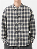 Chinese Style Cotton Plaid Stand Collar Long Sleeve Shirts for Men