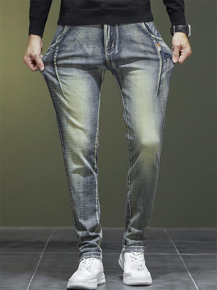 Men Vintage Wash Jeans Slim Fit Straight Leg Denim Pants
