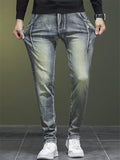 Men Vintage Wash Jeans Slim Fit Straight Leg Denim Pants