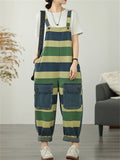 Women's Contrast Color Overall Denim Cropped Jumpsuits