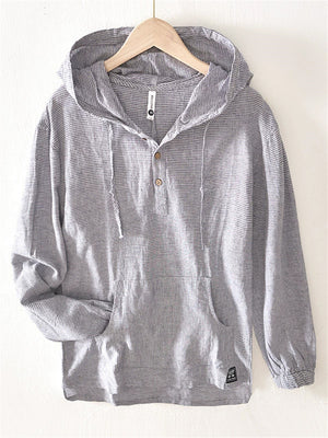 Men's Casual Striped Hooded Kangaroo Pocket Long Sleeve Shirts
