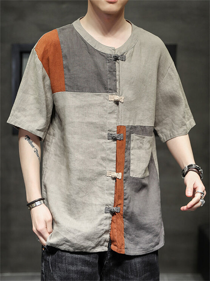 Men's Chinese Style Contrast Color Pockets Round Neck Shirts