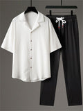 Men's 2Pcs Summer Casual Comfy Button Up Lapel Solid Color Outfits