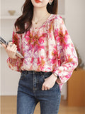 Korean Style Floral Print Round Neck Puff Sleeve Shirt for Women