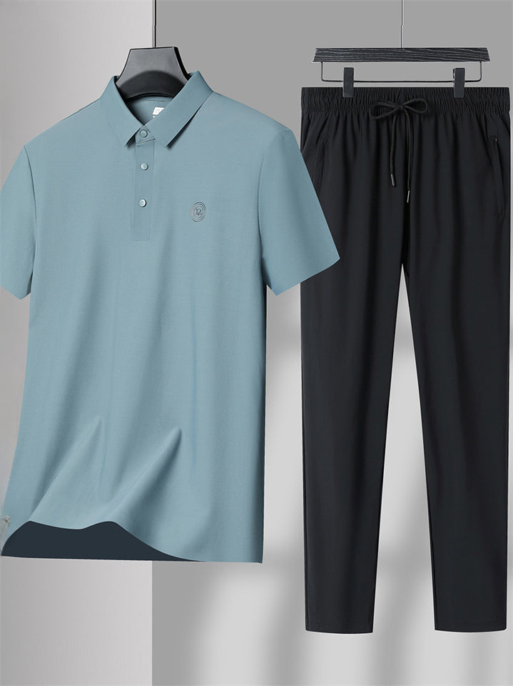 Men's 2Pcs Summer Cool Lapel Short Sleeve Seamless Solid Color Outfits