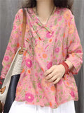 Women's Flowers Print Slant Placket 3/4 Sleeve Shirts