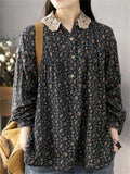 Women's Loose Floral Print Long Sleeve Lace Patchwork Collar Shirts