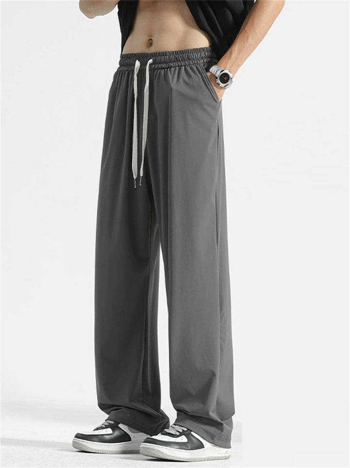 Mens Wide Leg Casual Ice Silk Breathable Drawstring Pants