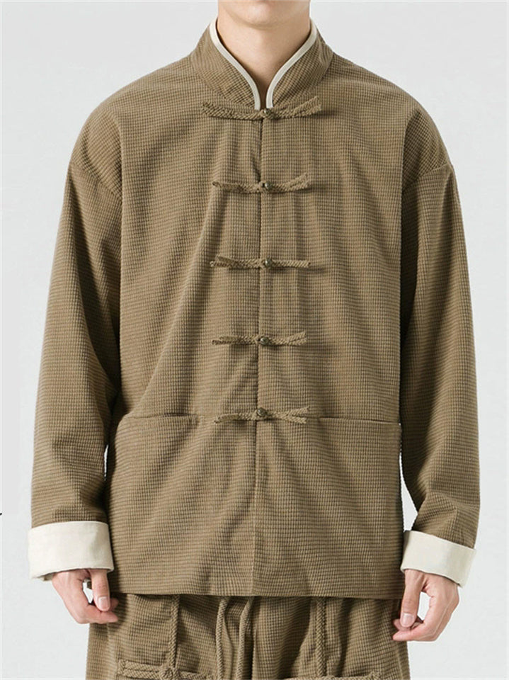 Men's Retro Chinese Style Contrast Stand Collar Corduroy Tangsuit Jackets