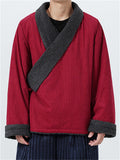 WInter Chinese Vintage Zen Style Fleece Trim Lined Lace Up Coat for Men