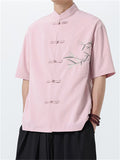 Men's Chinese Style Leaf Printed Stand Collar Short Sleeve Shirt