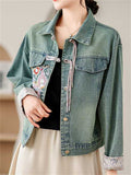 Women's Embroidery Contrast Color Frog Button Denim Jacket