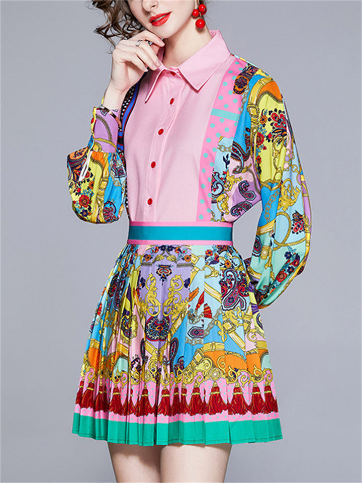 Women's 2Pcs Contrast Color Print Lapel Shirt & Pleated Skirt Set