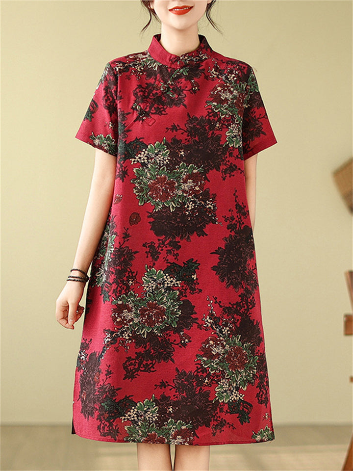 Women's Retro Flowers Print Red  A-Line Cheongsam Dress