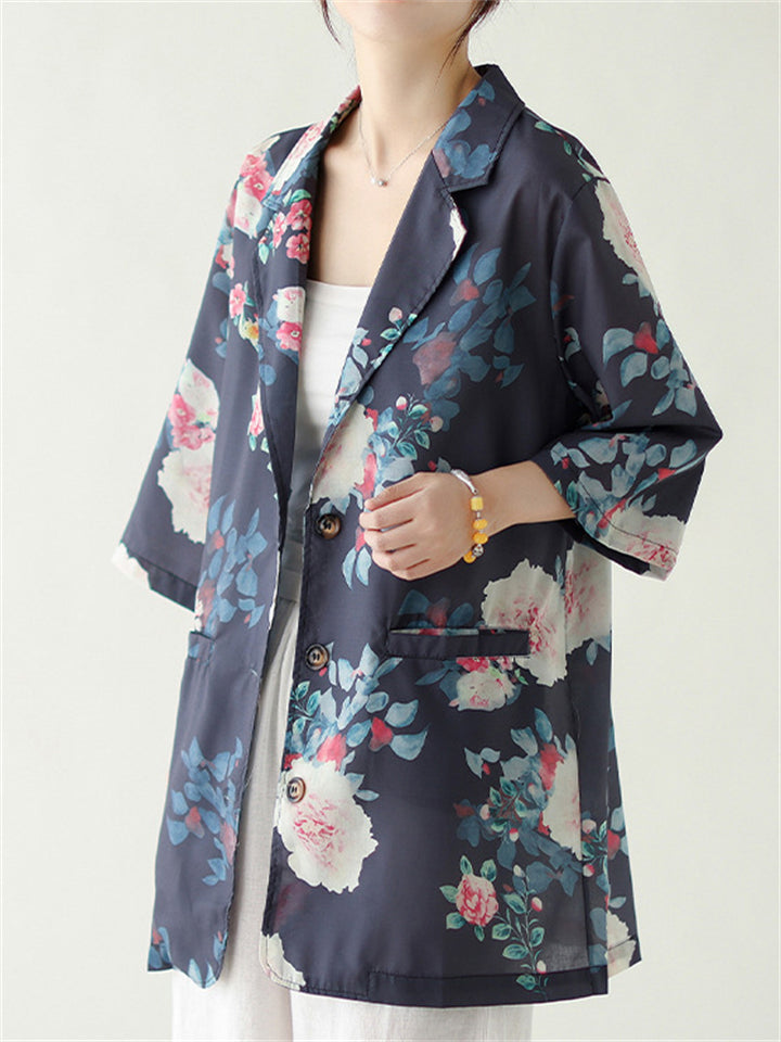Women's Summer Retro Flowers Print 3/4 Sleeve Suit Jacket