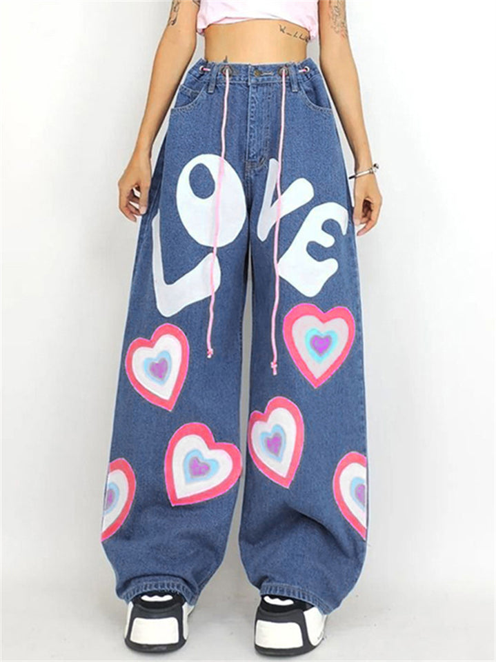 Women's Trendy LOVE Hearts Print Loose Wide Leg Jeans