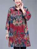 Plus Size Summer Floral Print  3/4 Sleeve Shirt for Women