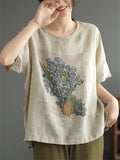 Women's Summer Retro Floral Printed Round Neck Loose Short Sleeve Shirts
