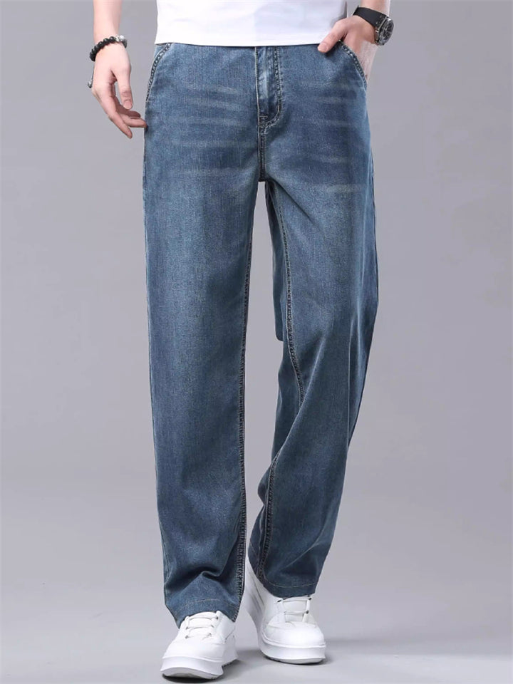 Mens Summer Lyocell Wash Relaxed Fit Straight Leg Denim Jeans