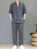 Men's 2Pcs Comfy Stand Collar V Neck Short Sleeve Solid Color Outfits