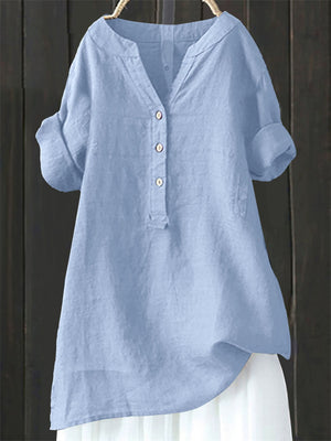 Women's Casual Retro Holiday Style Solid Color V Neck Short Sleeve Shirts