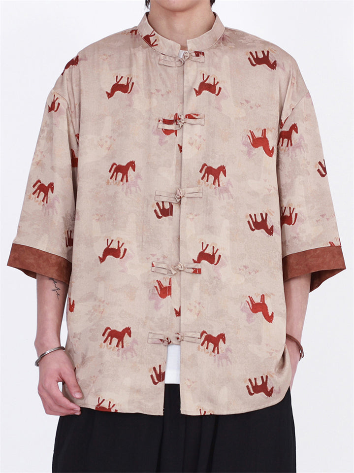 Men's Retro Horse Print Loose Fit Mandarin Collar Frog Button Shirts